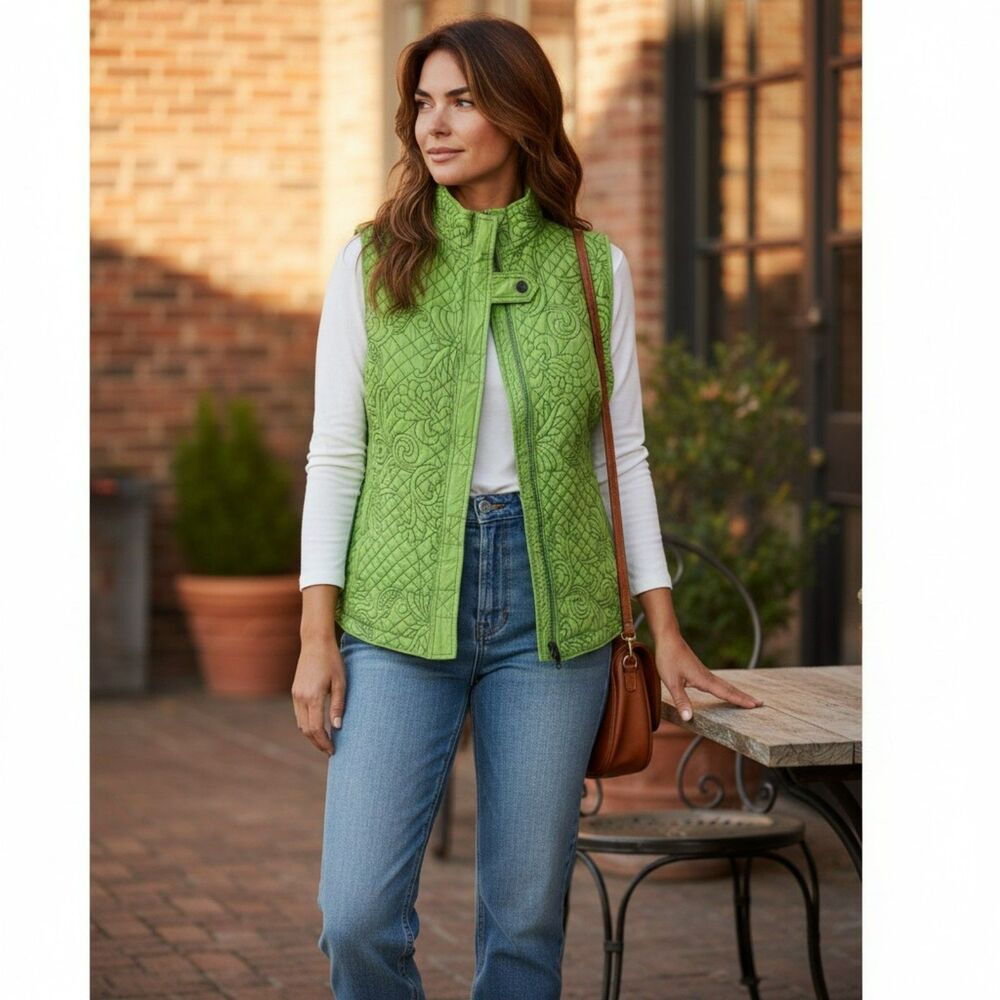 Kiko Vest Women’s Size M Green Full Zip 100% silk Casual Ladies Brand NewY2K #21